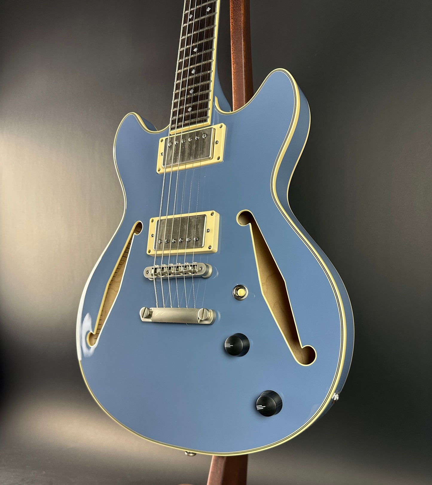 Front angle of Used D'angelico Excel Mini  DC Tour Slate Blue.