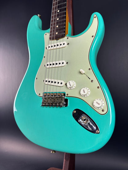 Front angle of Used Fender Custom Shop 62/63 Stratocaster Seafoam Green.