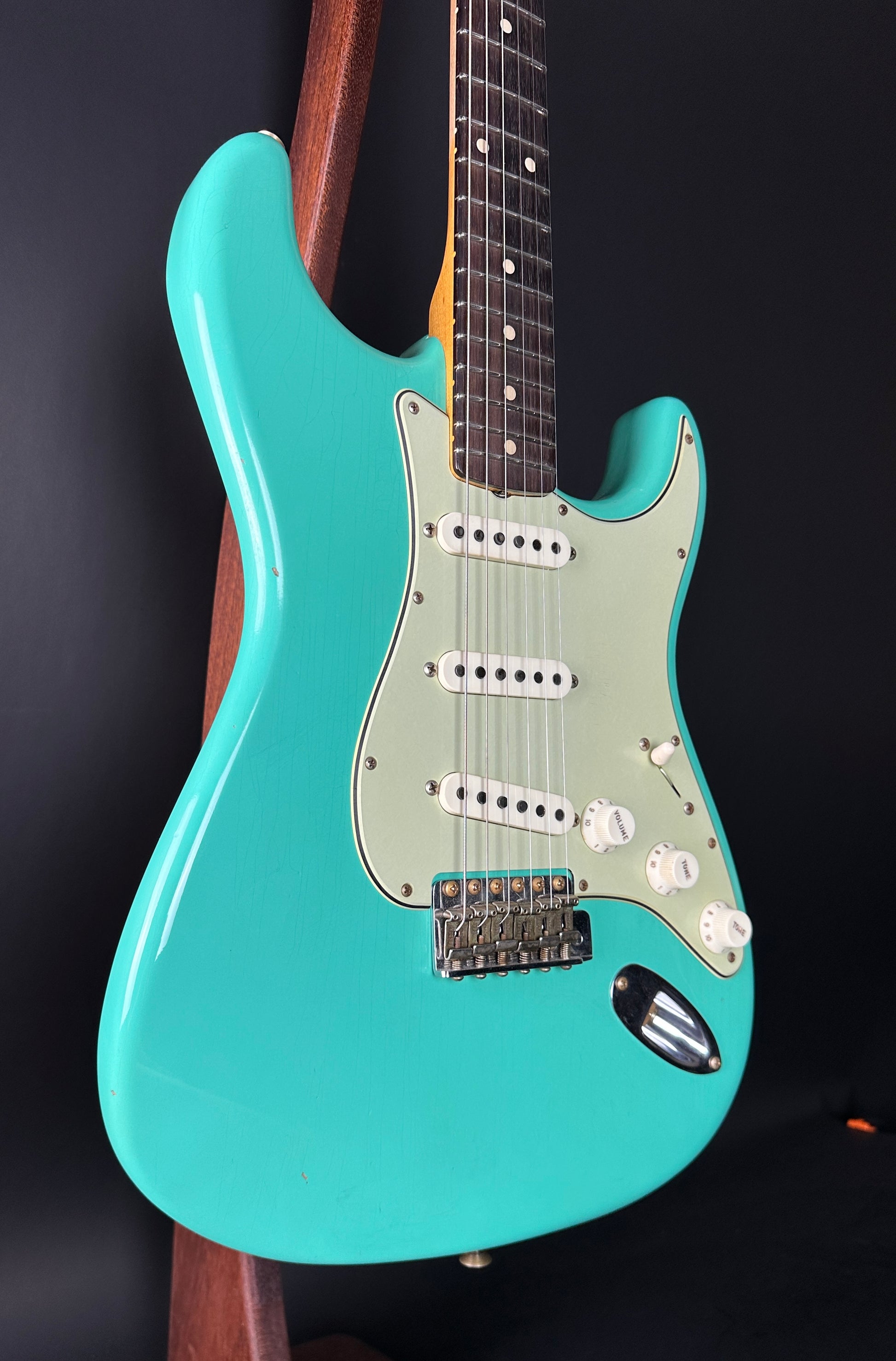 Front angle of Used Fender Custom Shop 62/63 Stratocaster Seafoam Green.