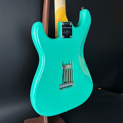 Back angle of Used Fender Custom Shop 62/63 Stratocaster Seafoam Green.