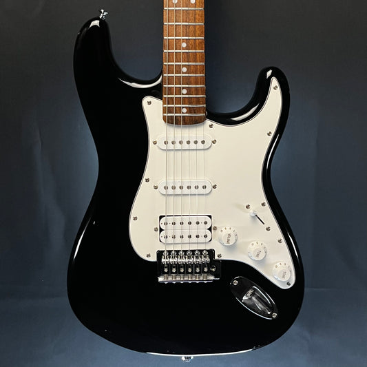 Front of Used Fender Starcaster Strat HSS Black TFW277