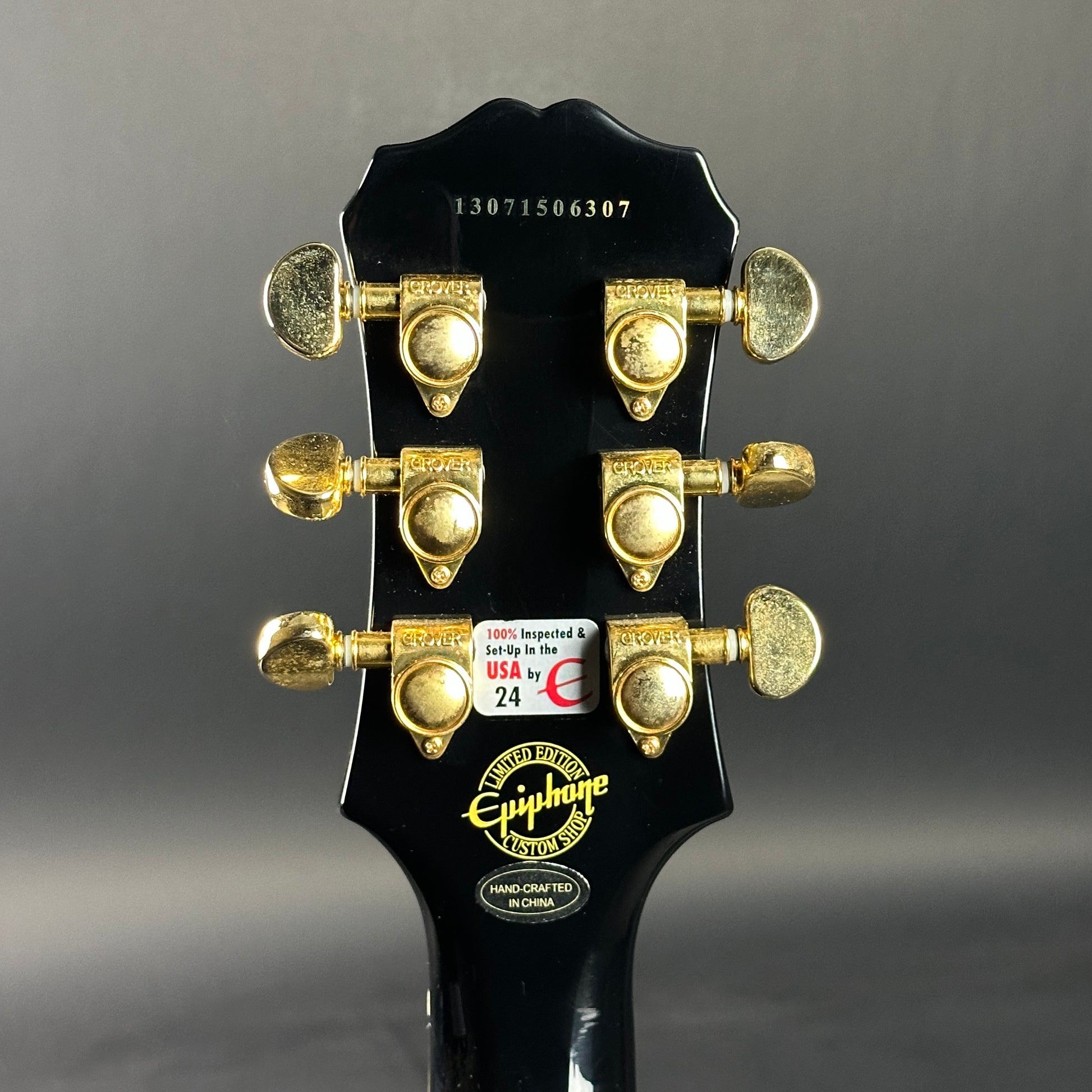 Back of headstock of Used Epiphone Les Paul Custom Pro White.