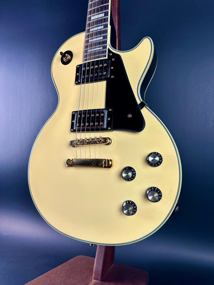 Front angle of Used Epiphone Les Paul Custom Pro White.