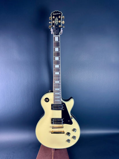 Full front of Used Epiphone Les Paul Custom Pro White.