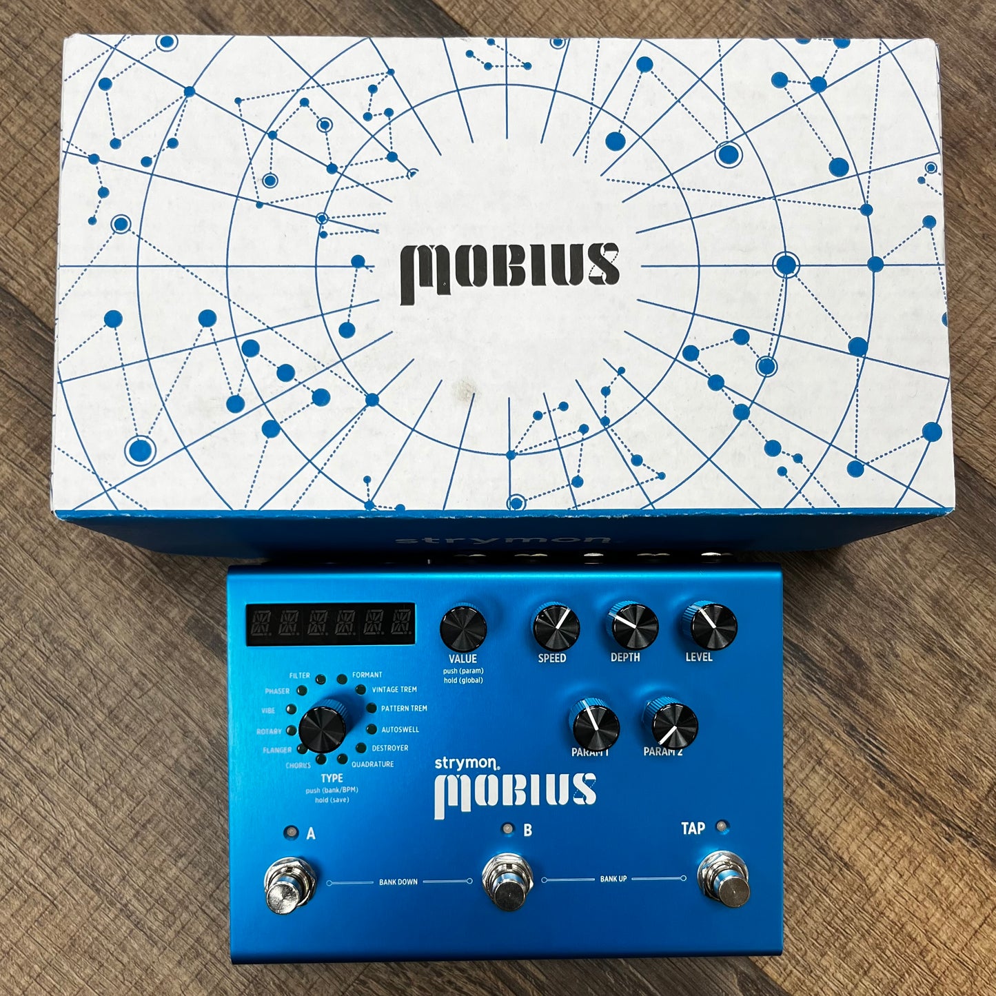 Top of w/box of Used Strymon Mobius w/box TFW300