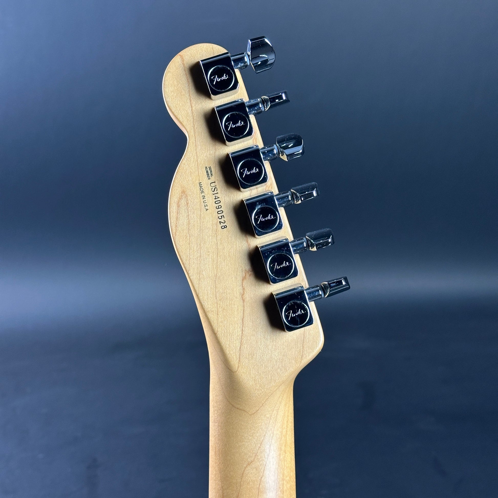 Back of headstock of Used 2014 Fender GC USA Pro Standard Telecaster HS 2-Color Sunburst.