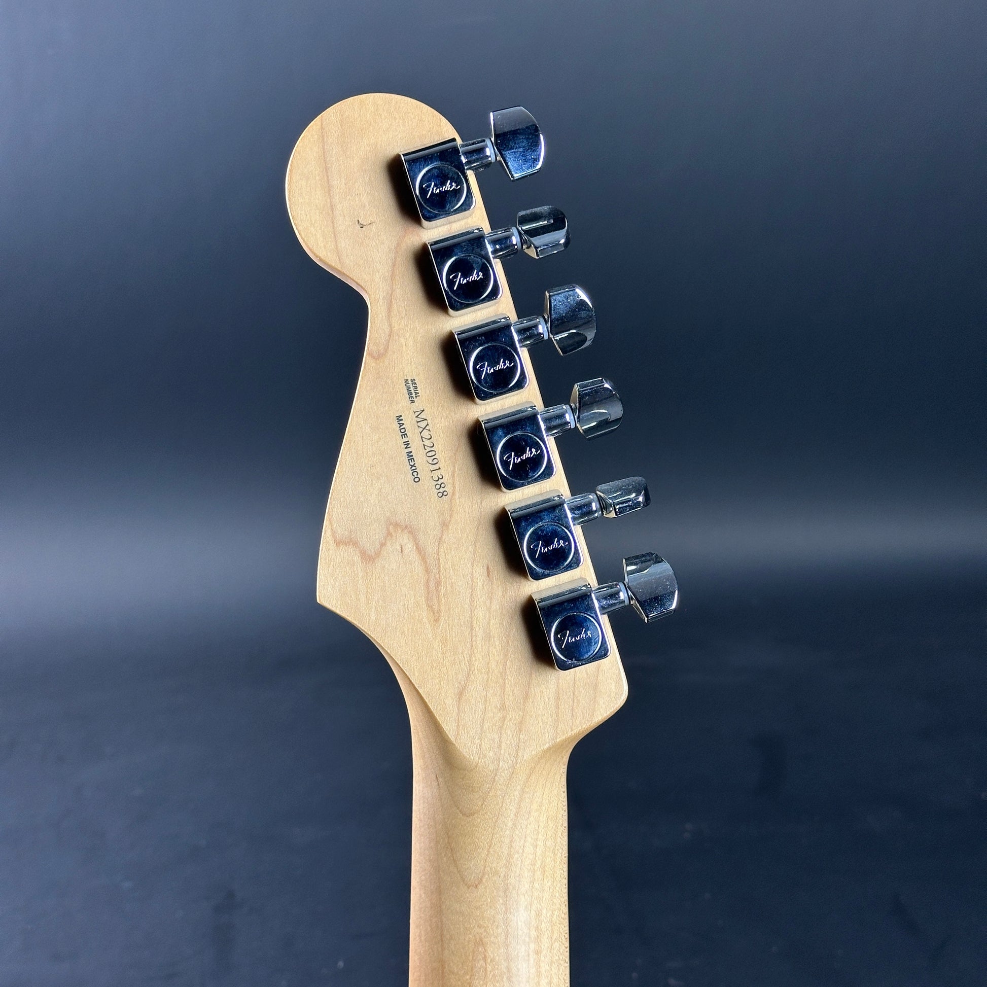 Back of headstock of Used Fender Player Strat Sunburst.