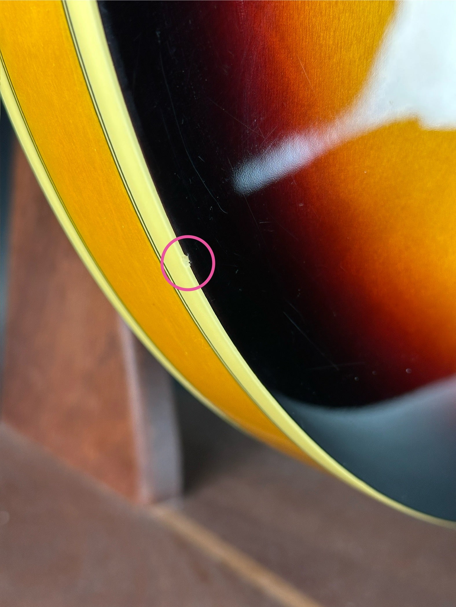 Dent on edge of Used 2021 Epiphone Sheraton II Pro Vintage Sunburst.