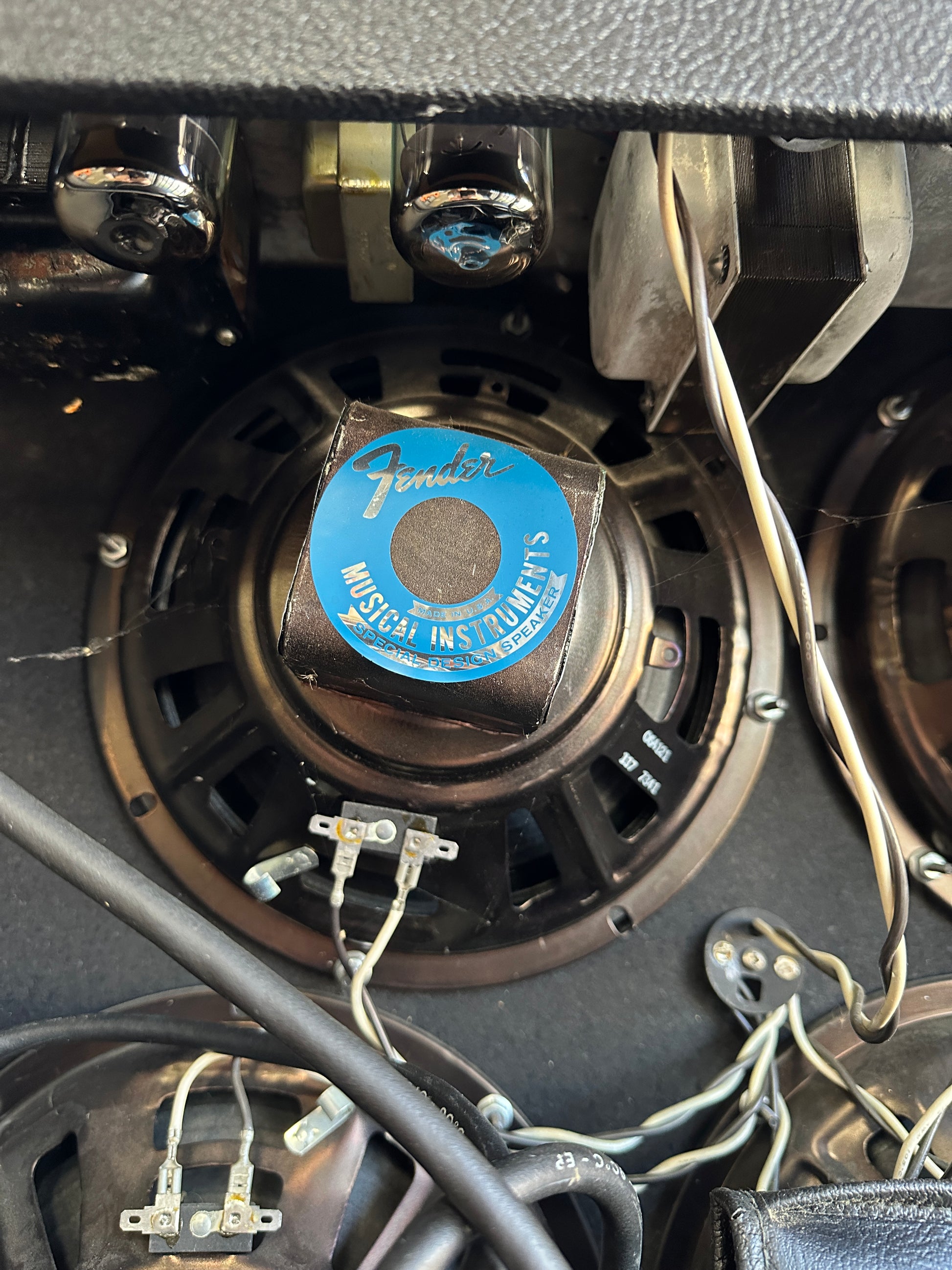 Speaker inside of Vintage 1973 Fender Super Reverb Combo.