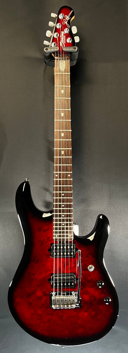 Full front of Used Sterling by Music Man Jonh Petrucci JP Crimson Edgeburst Quilt w/bag TFW377