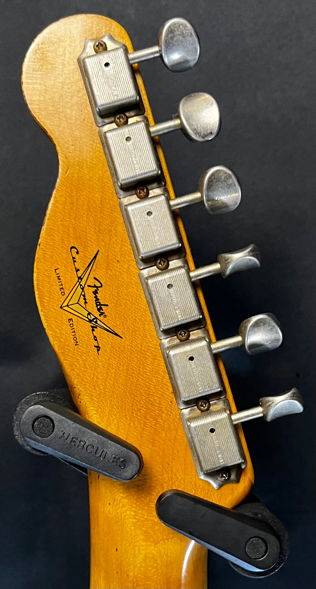 Back of headstock of Used Fender Custom Shop LTD '65 Telecaster Custom Heavy Relic Black/3-Color Sunburst w/case TFW379