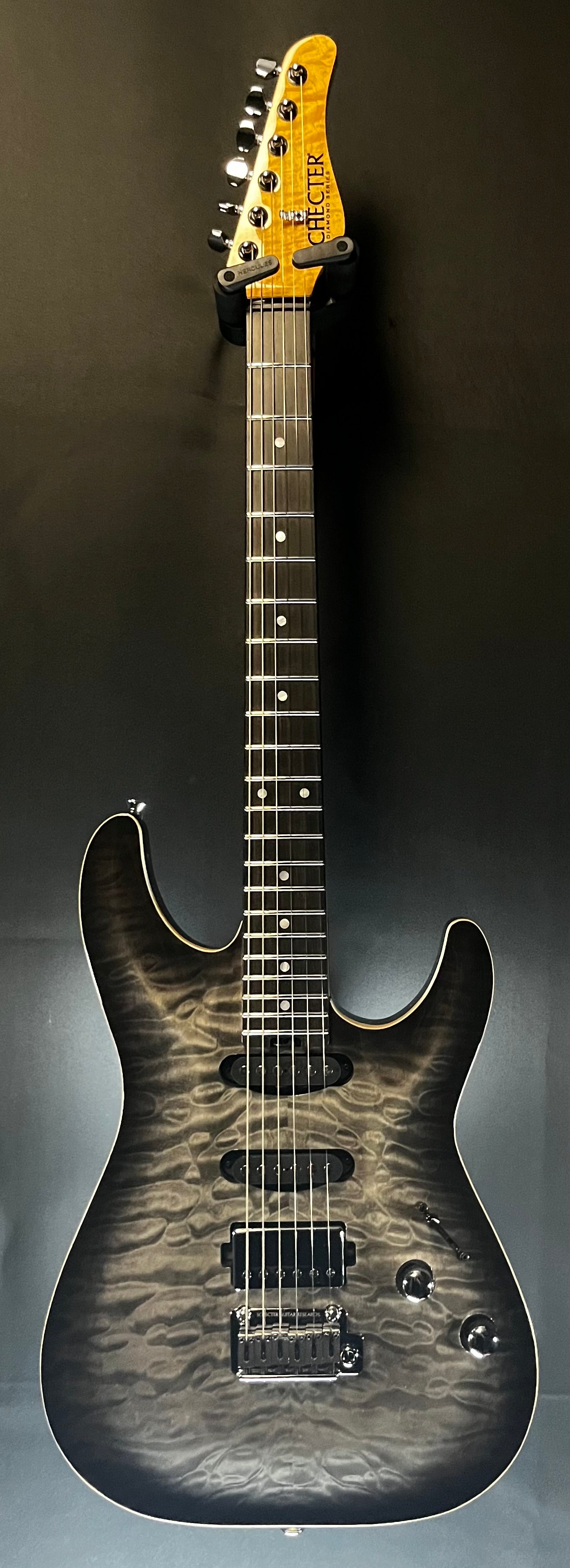 Full front of Used 2022 Schecter California Classic Diamond Series HSS Charcoal Burst MIJ w/Case TFW402