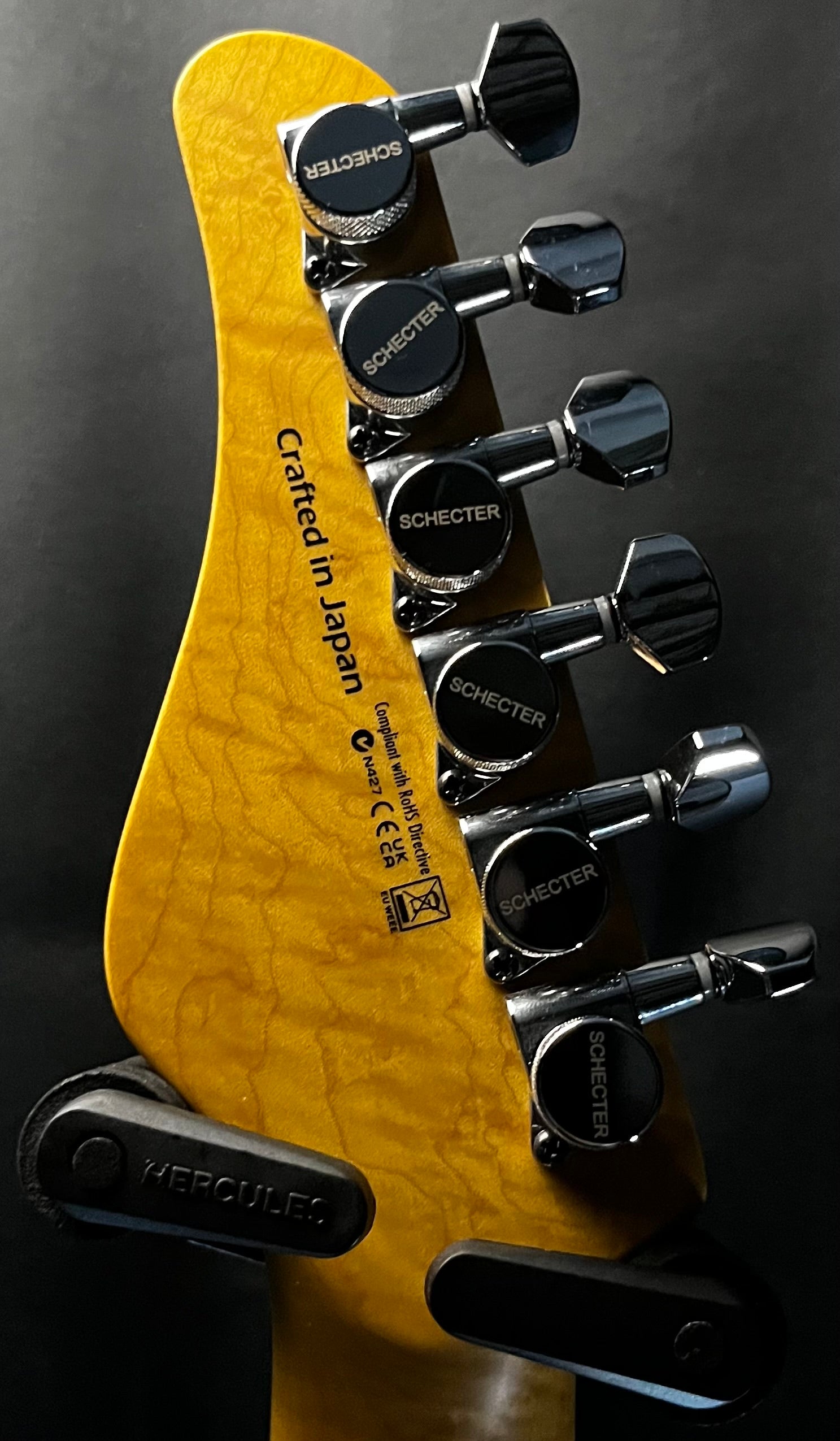 Back of headstock of Used 2022 Schecter California Classic Diamond Series HSS Charcoal Burst MIJ w/Case TFW402
