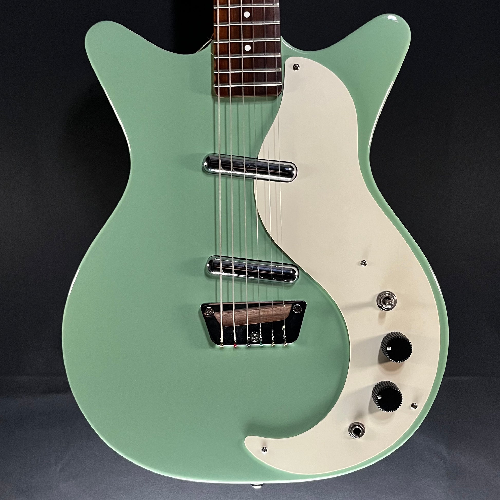 Front of Used Danelectro Stock '59 Electric Guitar Aqua TFW424