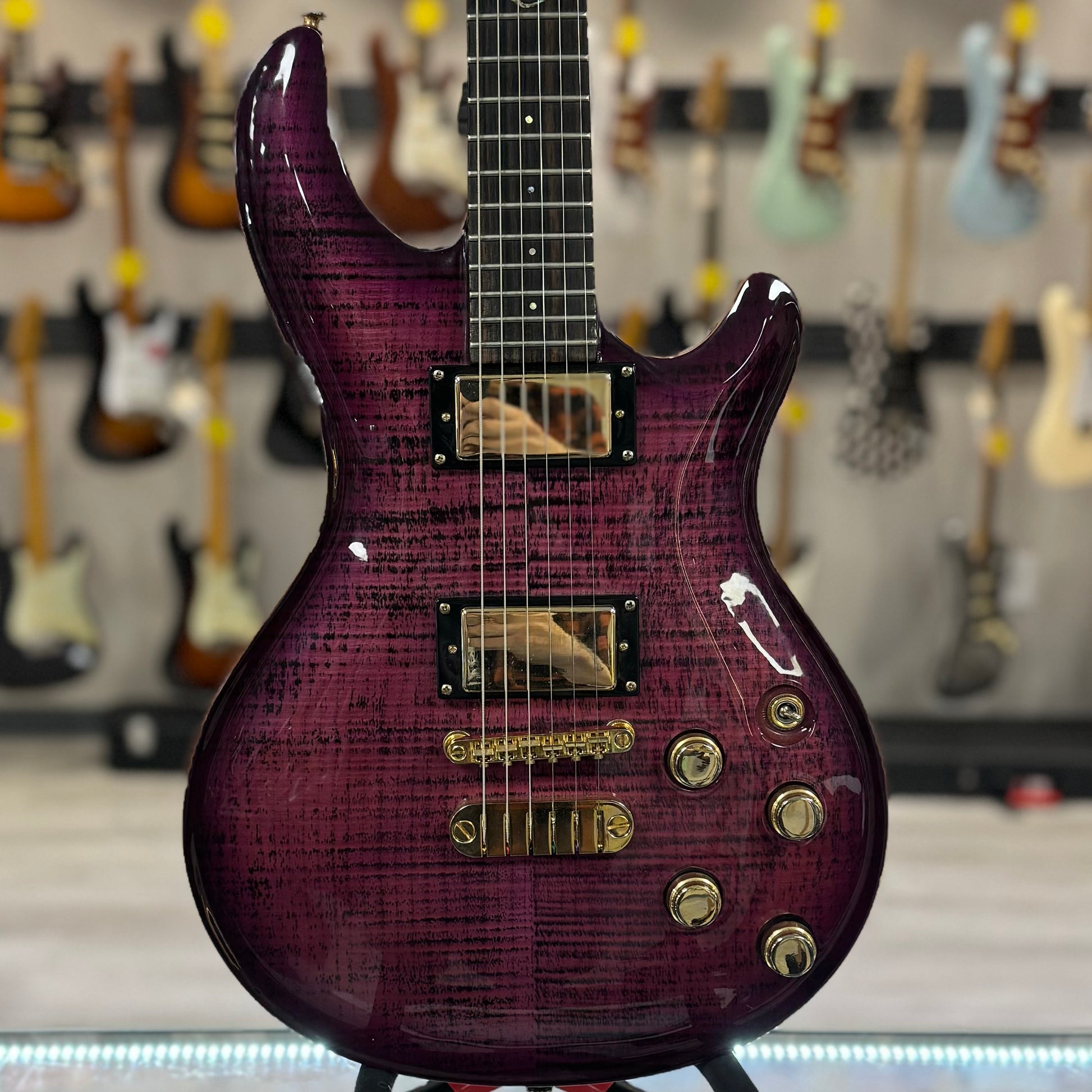 Front of Used Dean Hardtail Purple Flametop w/case 