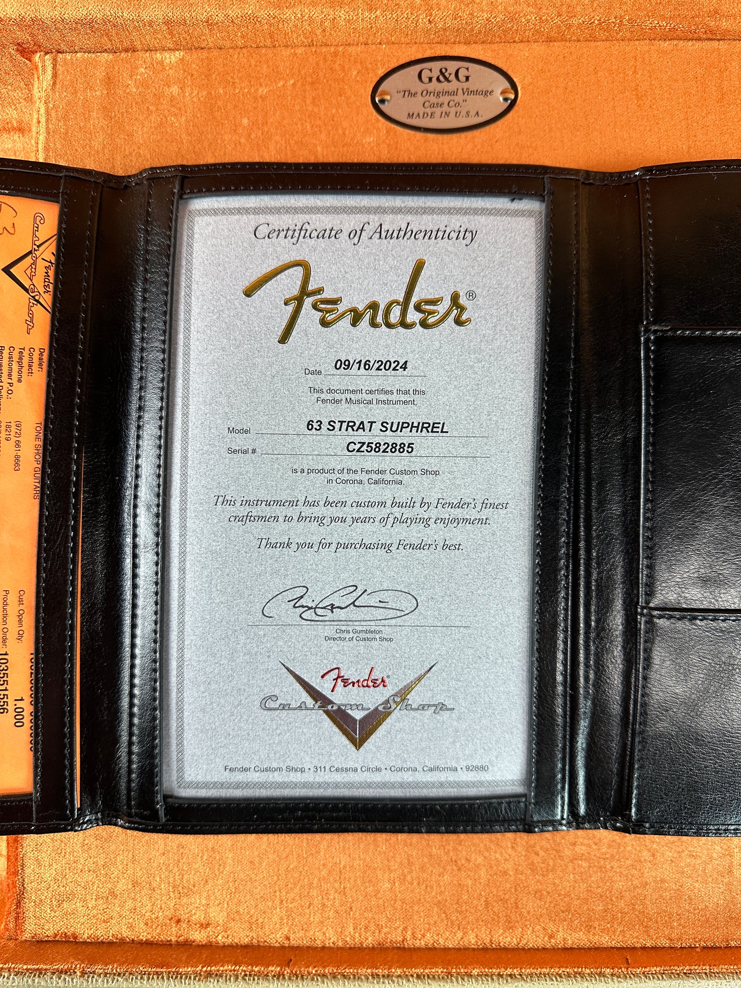 Certificate of authenticity for Fender Custom Shop Time Machine '63 Strat Super Heavy Relic Super Faded Aged Black Over 3 Color Sunburst.