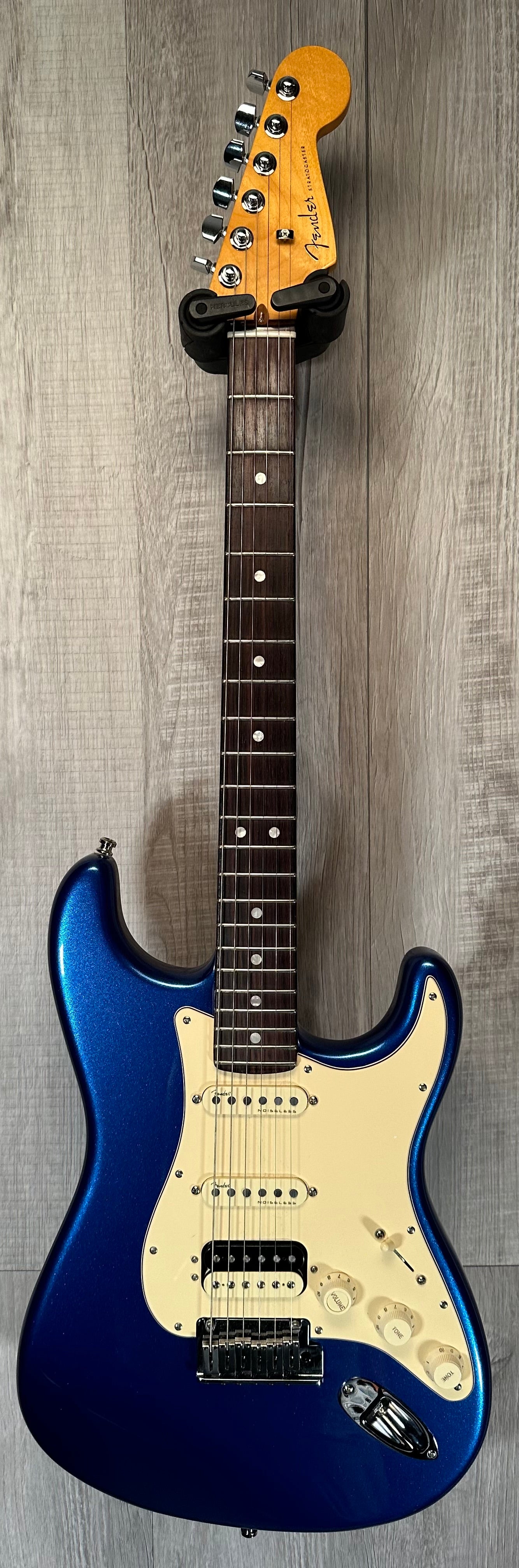 Full front of Used 2020 Fender Ultra Stratocaster HSS RW Cobra Blue w/case TSS3536