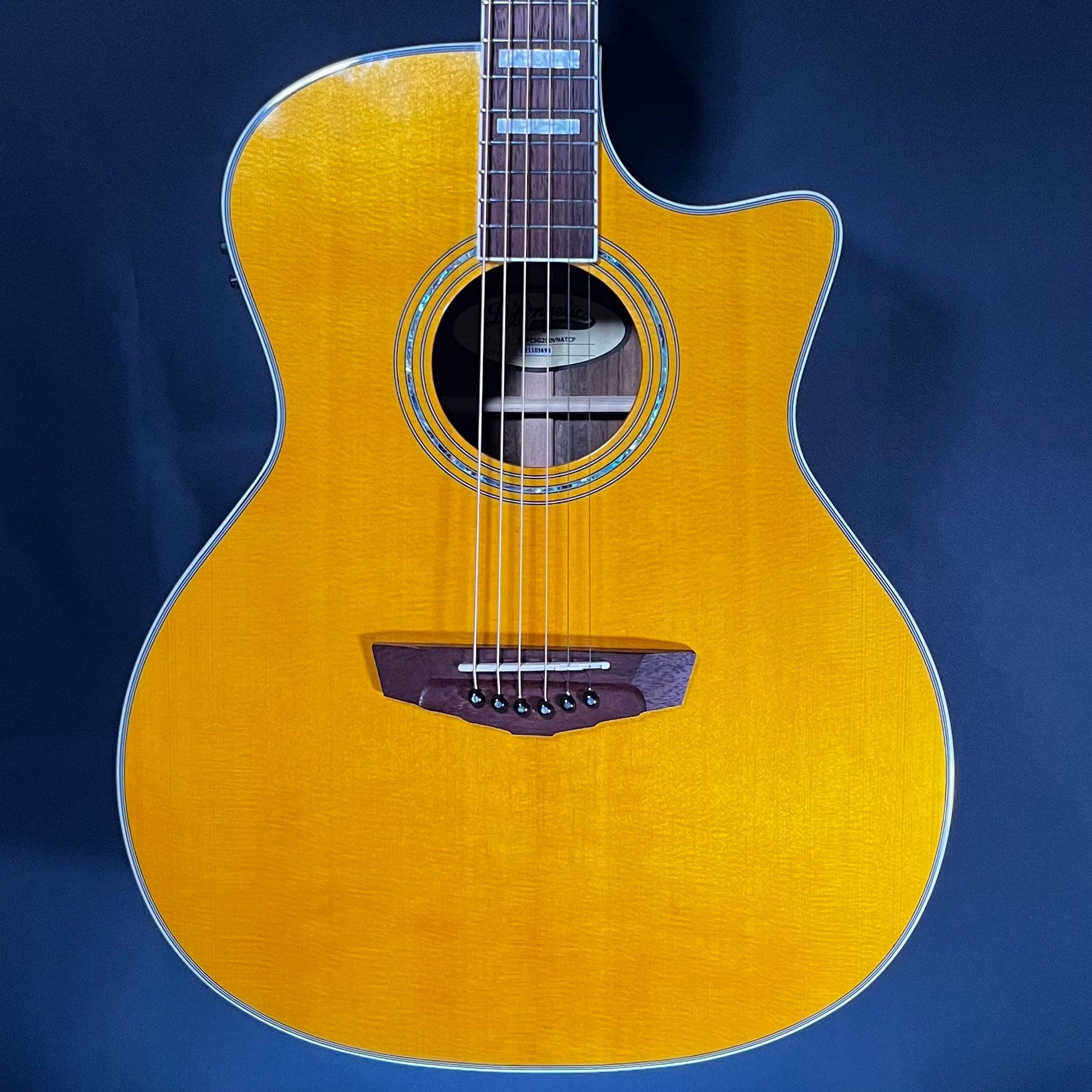 Front of Used D'Angelico Premier Series Gramercy CS Cutaway Orchestra Acoustic-Electric Guitar Vintage Natural TFW452