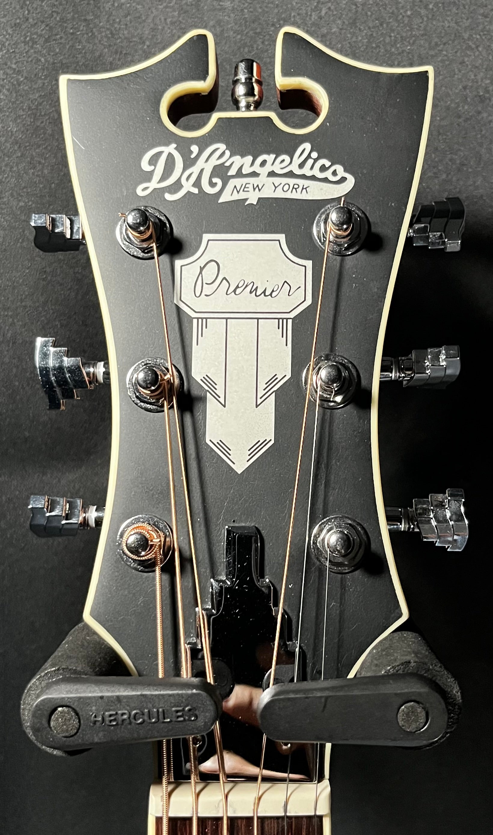 Headstock of Used D'Angelico Premier Series Gramercy CS Cutaway Orchestra Acoustic-Electric Guitar Vintage Natural TFW452