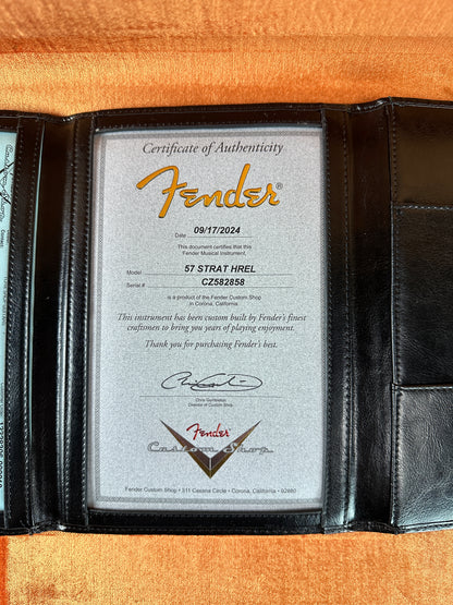 Certificate of authenticity for Fender Custom Shop Time Machine '57 Strat Heavy Relic Faded Aged 2 Color Sunburst.