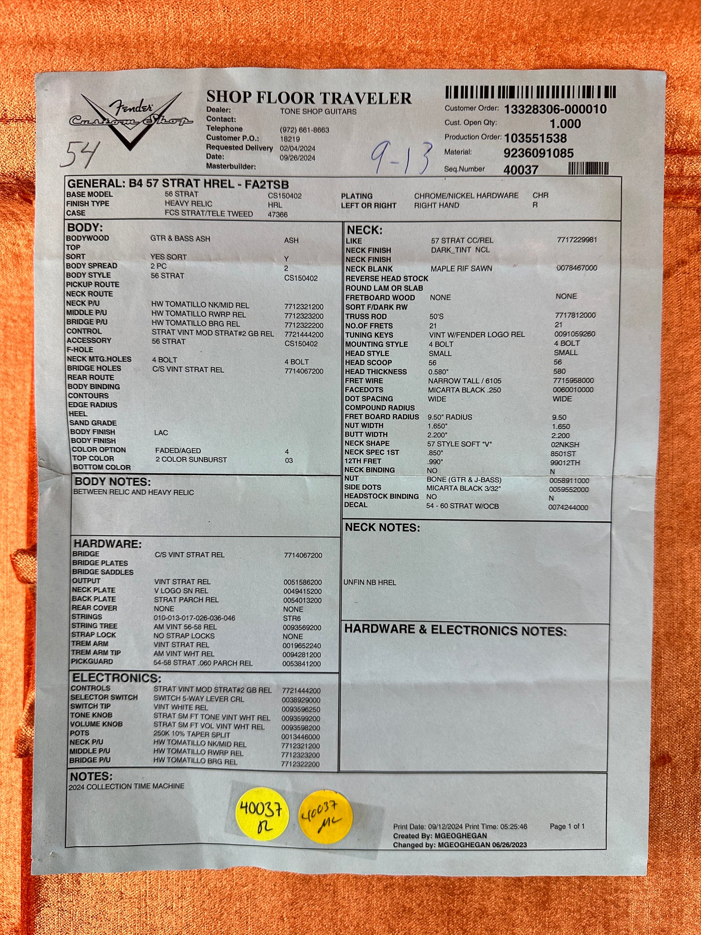 Spec sheet for Fender Custom Shop Time Machine '57 Strat Heavy Relic Faded Aged 2 Color Sunburst.