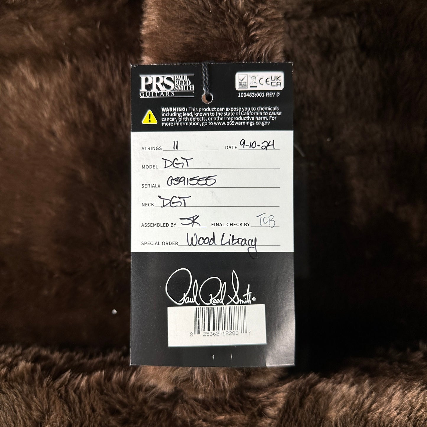 Hang tag for PRS TSG Anniversary Wood Library Artist DGT Frostbite Brazilian Rosewood.