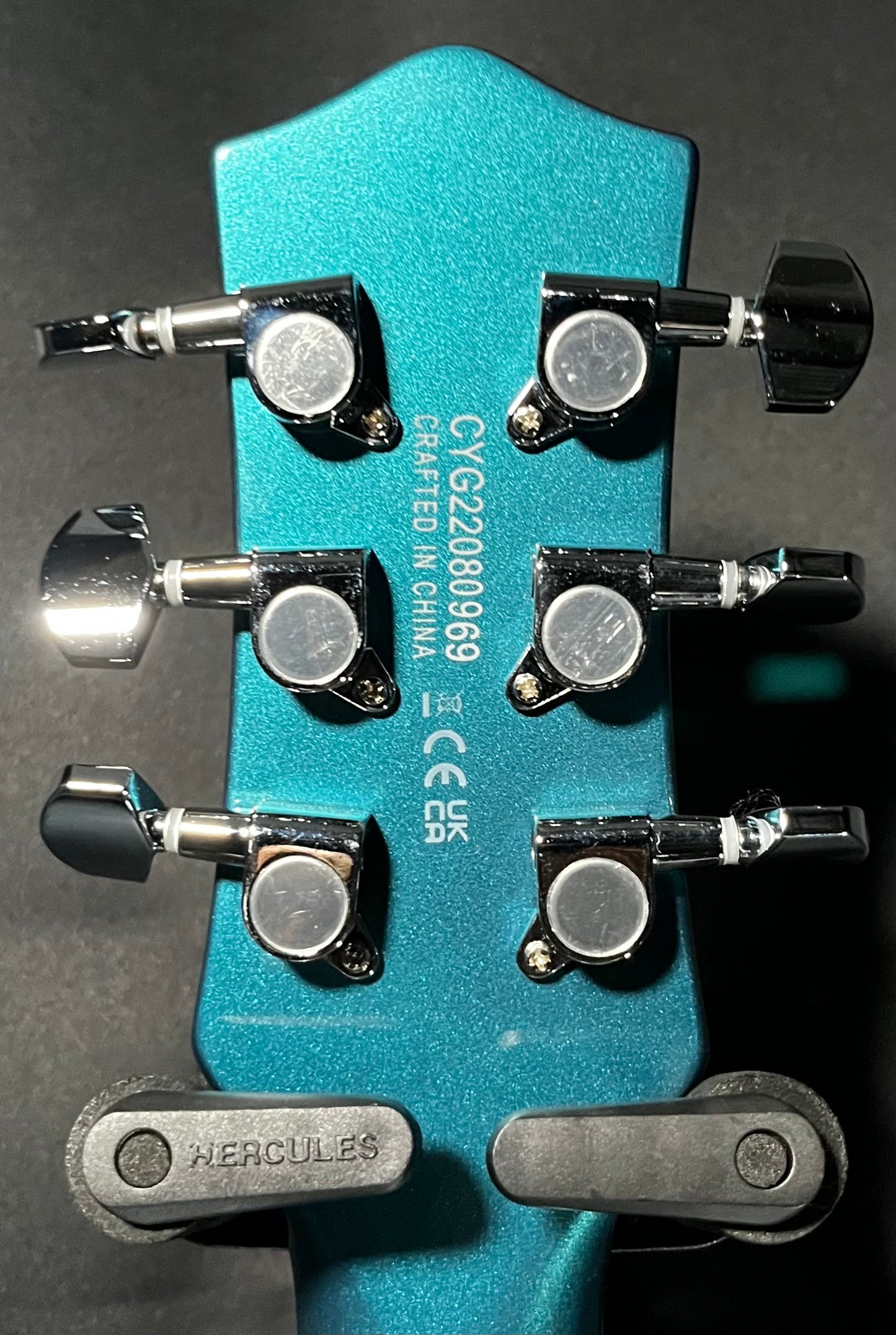 Back of headstock of Used 2022 Gretsch G5222 Electromatic Double Jet BT w/V-Stoptail Ocean Turquoise TFW460