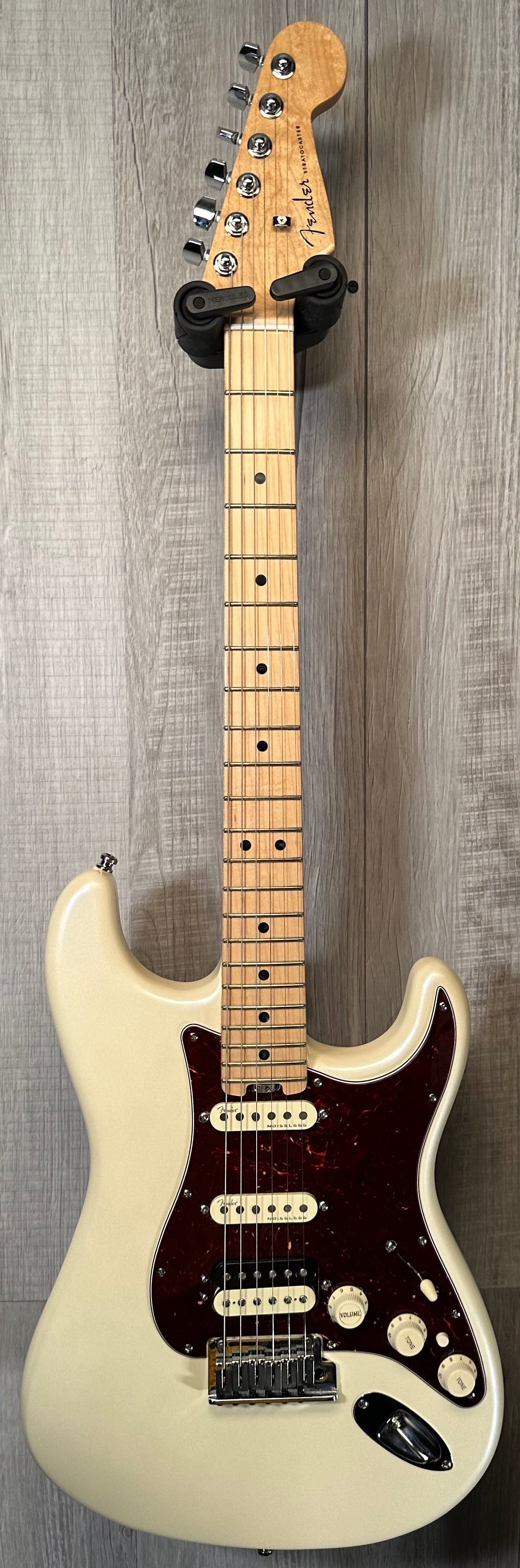 Full front of Used 2016 Fender American Elite Stratocaster HSS Shawbucker Olympic Pearl w/case TSS3609