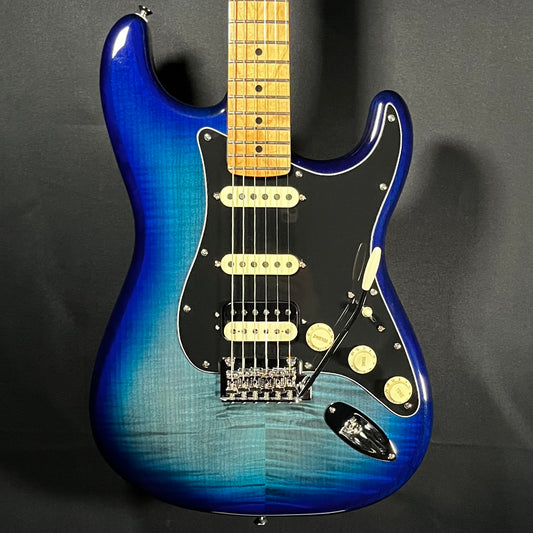 Front of Used 2021 Fender Player Series Stratocaster HSS Plus Top LTD Blue Burst TFW474
