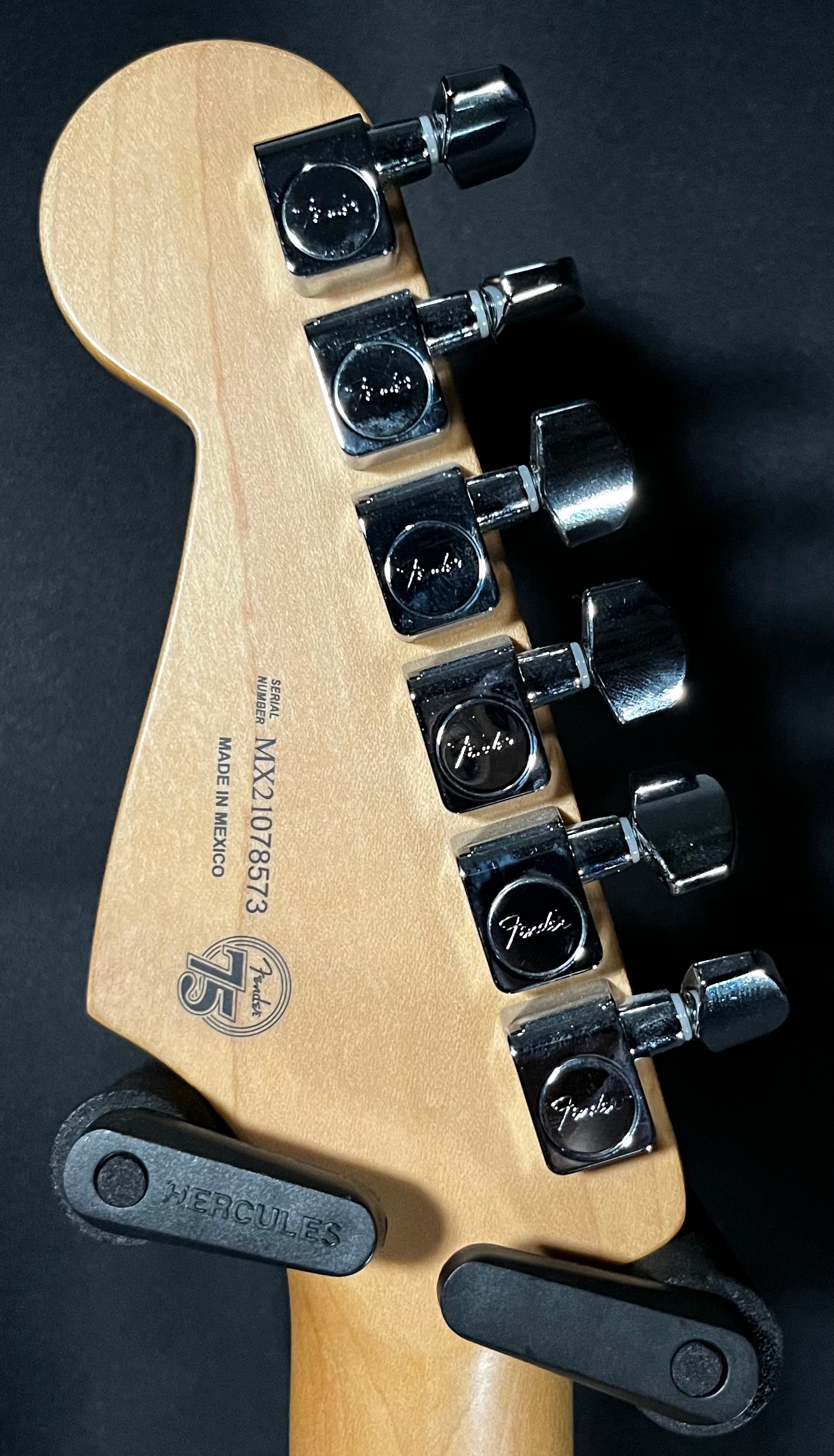 Back of headstock of Used 2021 Fender Player Series Stratocaster HSS Plus Top LTD Blue Burst TFW474