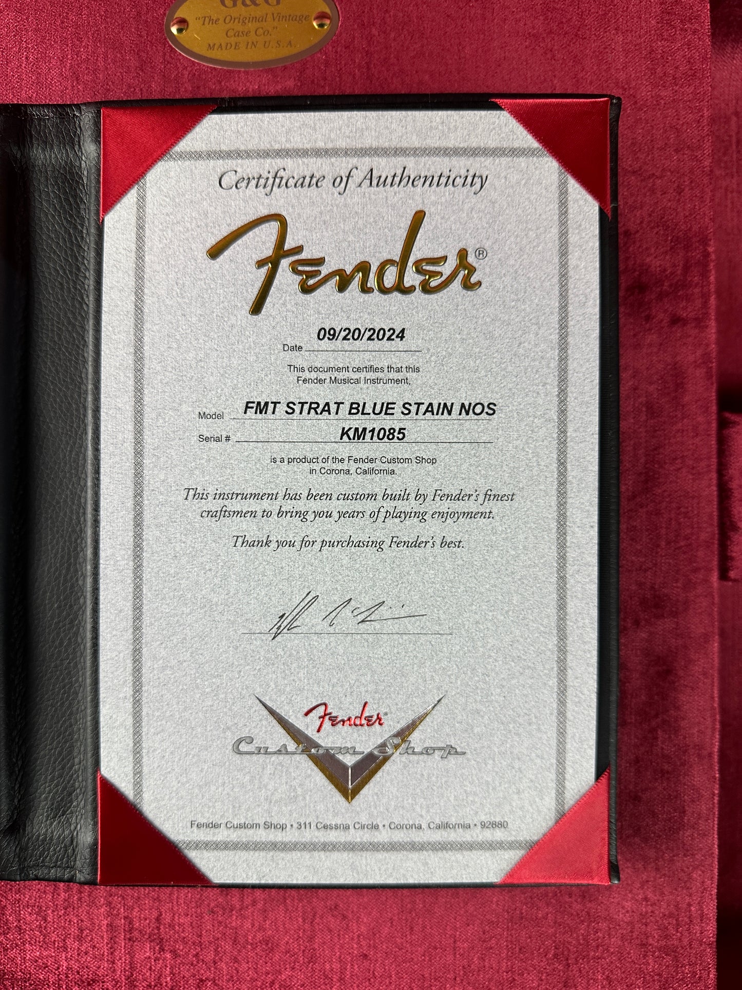 Certificate of authenticity for Fender Custom Shop Custom FMT Strat Nos Masterbuilt By Kyle Mcmillin Stained Blue Burst.