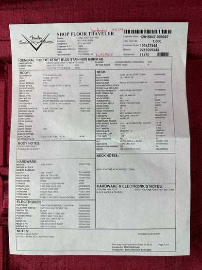 Spec sheet for Fender Custom Shop Custom FMT Strat Nos Masterbuilt By Kyle Mcmillin Stained Blue Burst.