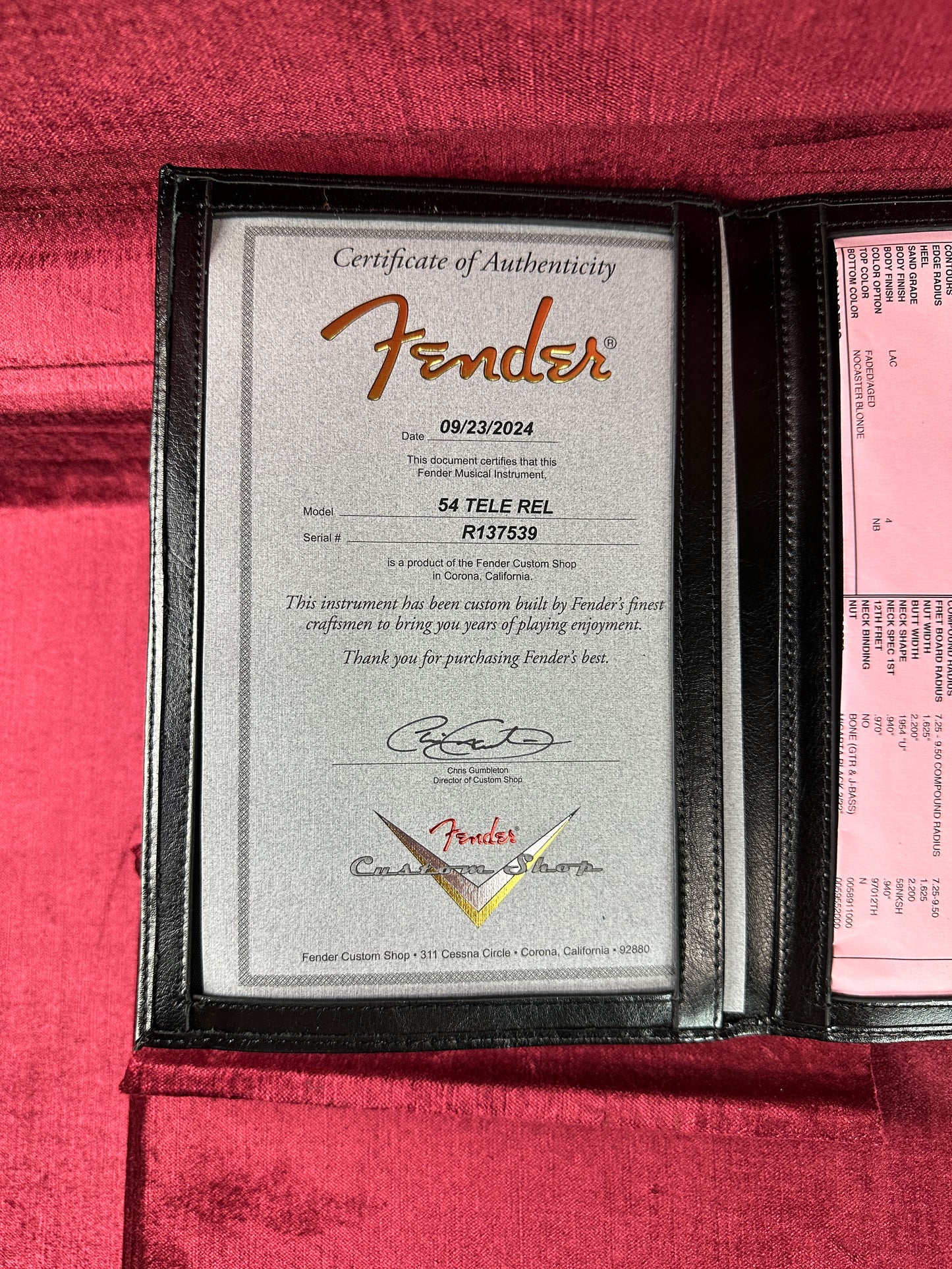 Certificate of authenticity for Fender Custom Shop Time Machine '54 Tele Relic Faded Aged Nocaster Blonde.