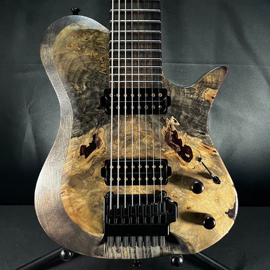 Front of Used Kiesel Zeus 8 String Buckeye Burl w/bag TFW519