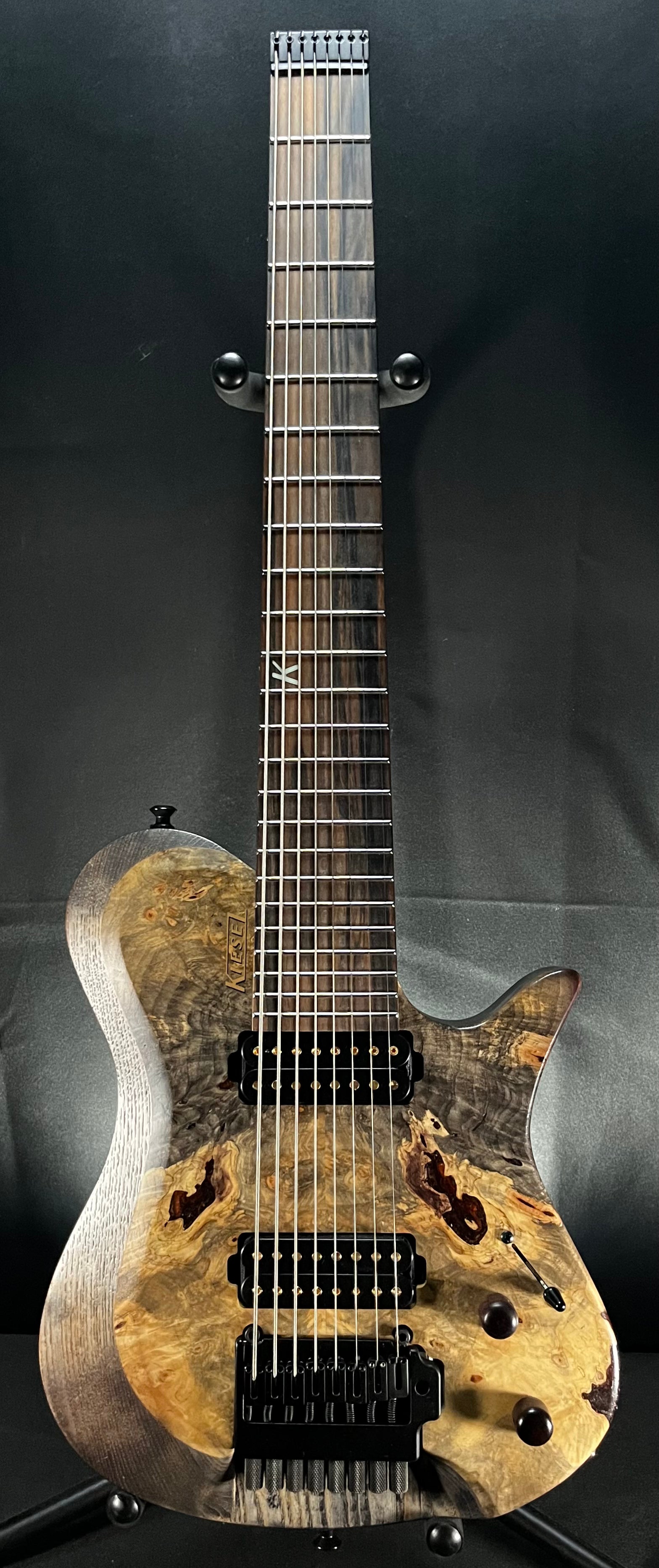 Full front of Used Kiesel Zeus 8 String Buckeye Burl w/bag TFW519