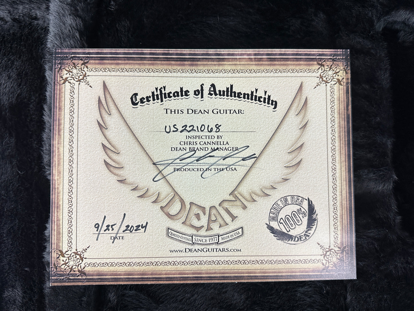 Certificate of authenticity for Dean USA Custom Shop ML Trans Blue Flamed Maple Top Korina Body Gold Hardware.