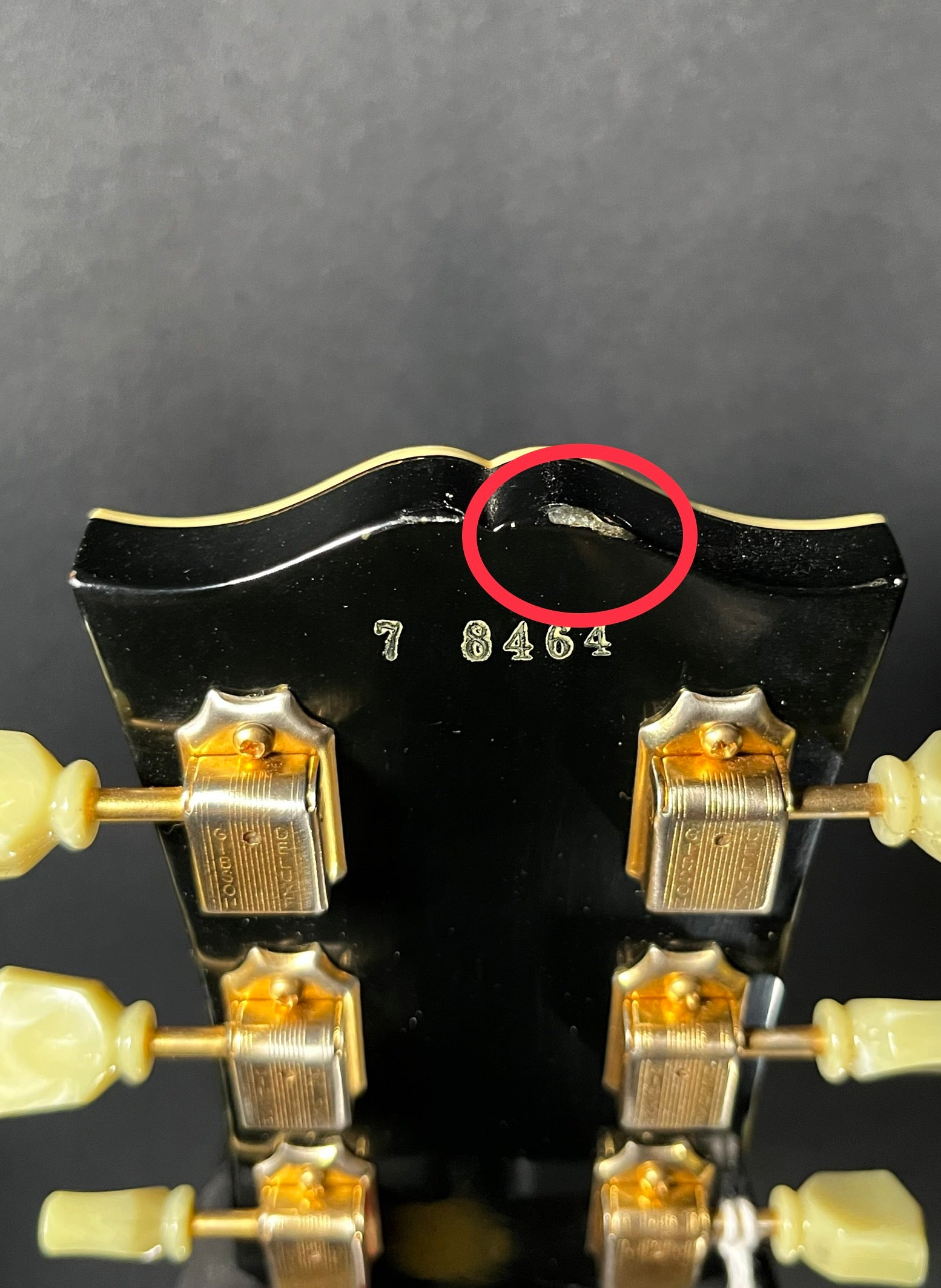 Ding on back of headstock of Used 2008 Gibson Les Paul Custom '57 VOS Black Beauty w/case TFW520