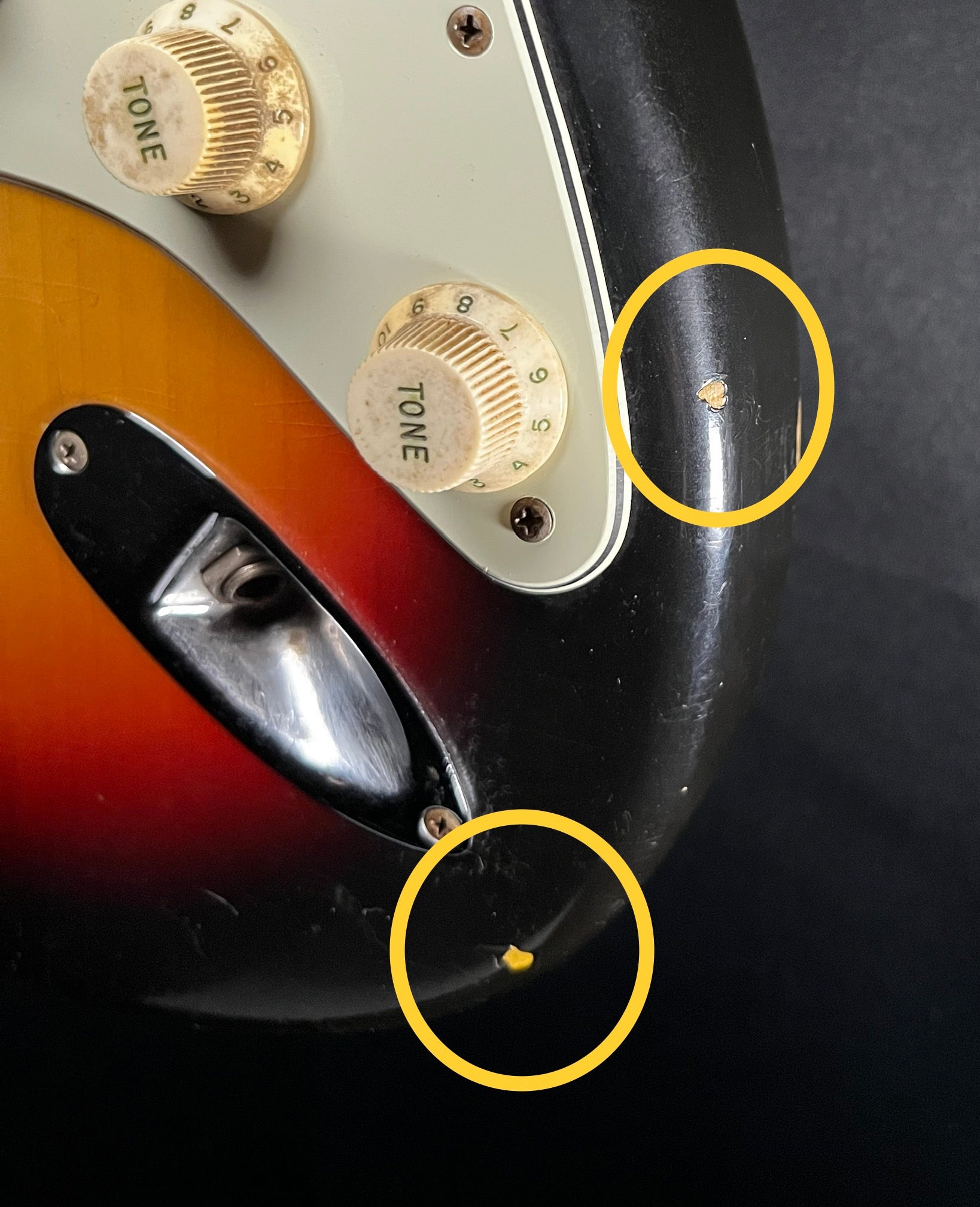 Chipped paint on lower bottom bout of Used Vintage 1966 Fender Stratocaster 3-Tone Sunburst w/OHSC TFW521