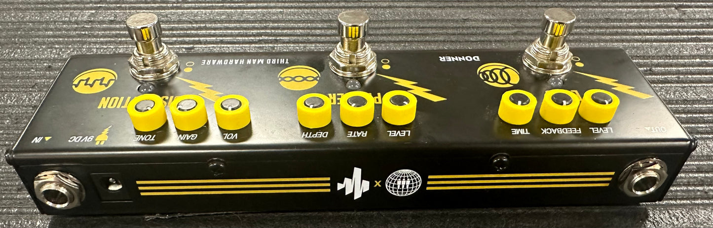 Back of Used Third Man Hardware/Donner Triple Threat Distortion/Phaser/Echo Pedal w/box TSS3791