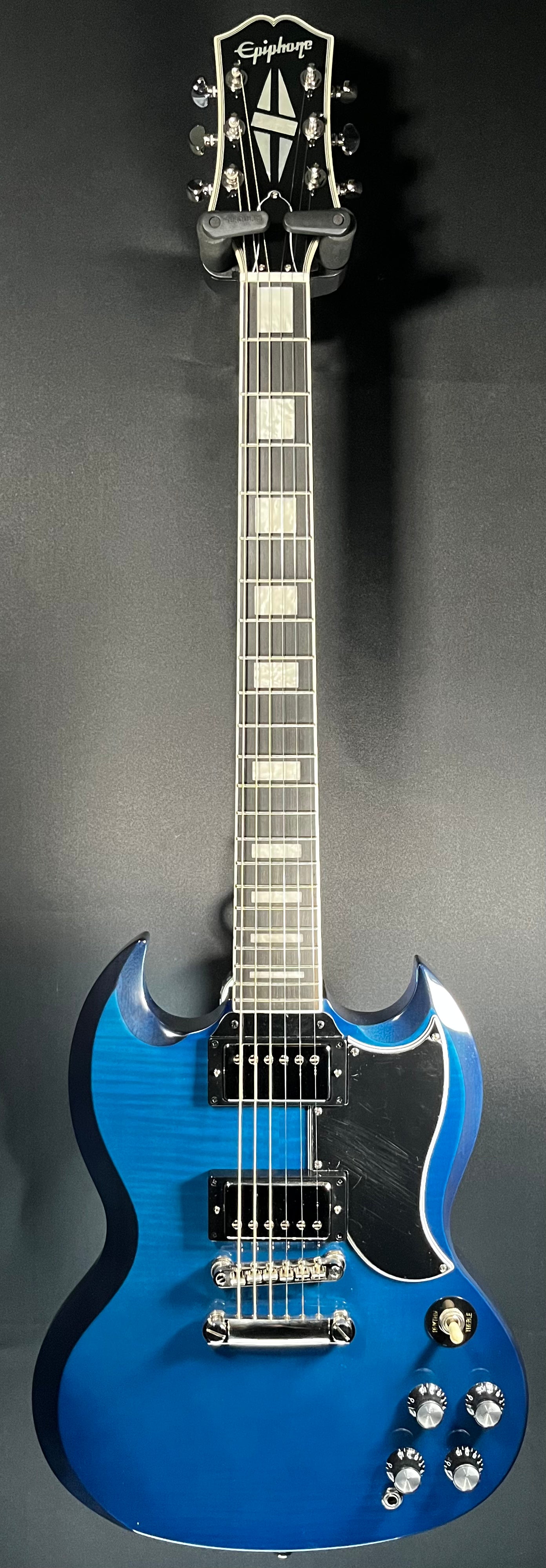 Full front of Used Epiphone SG Custom Viper Blue w/bag TFW538