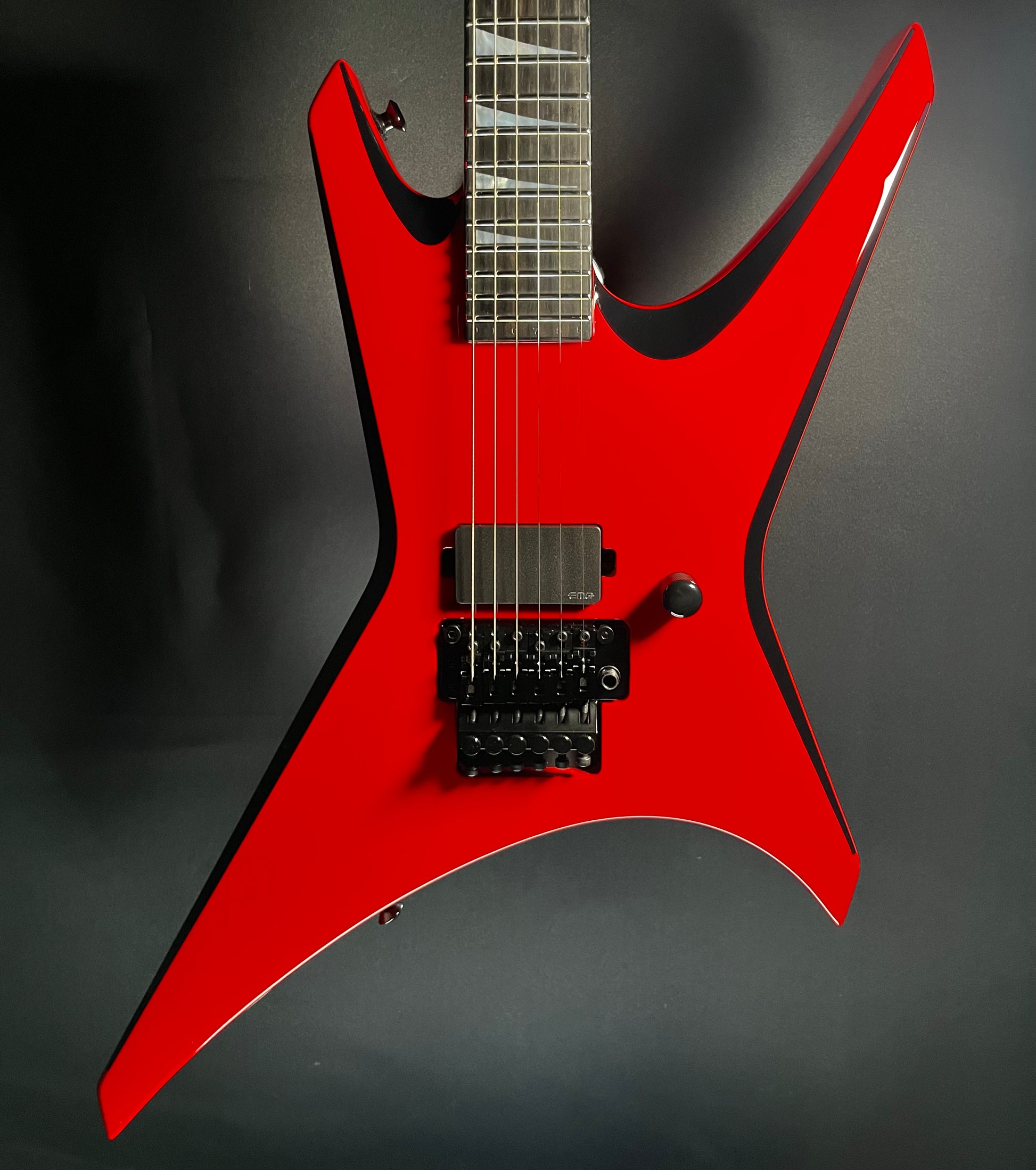 Front of Used Jackson Custom Shop USA Warrior WR 1H FR Ferrari Red Black Bevels w/case TFW539