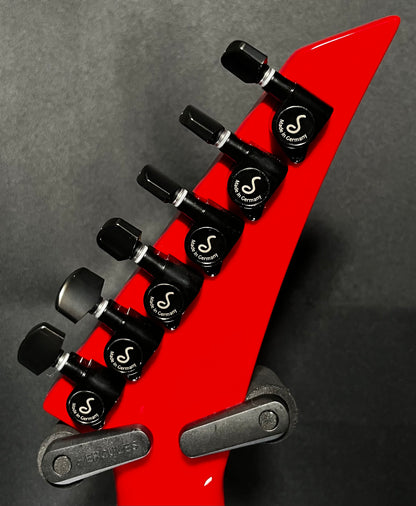 Back of headstock of Used Jackson Custom Shop USA Warrior WR 1H FR Ferrari Red Black Bevels w/case TFW539