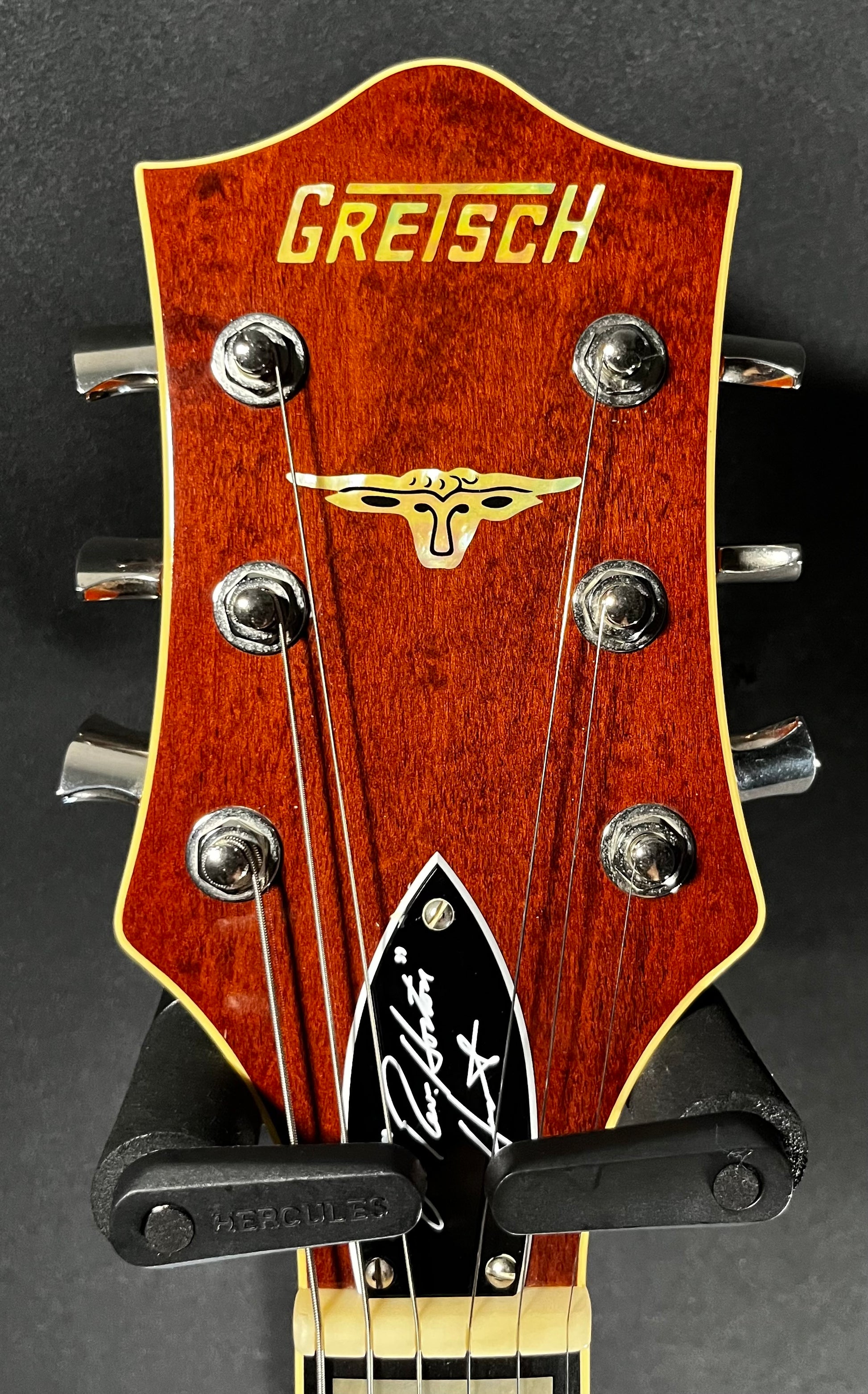 Headstock of Used Gretsch G6120RHH Reverend Horton Heat Signature Hollow Body w/Bigsby Orange Stain w/case TFW543