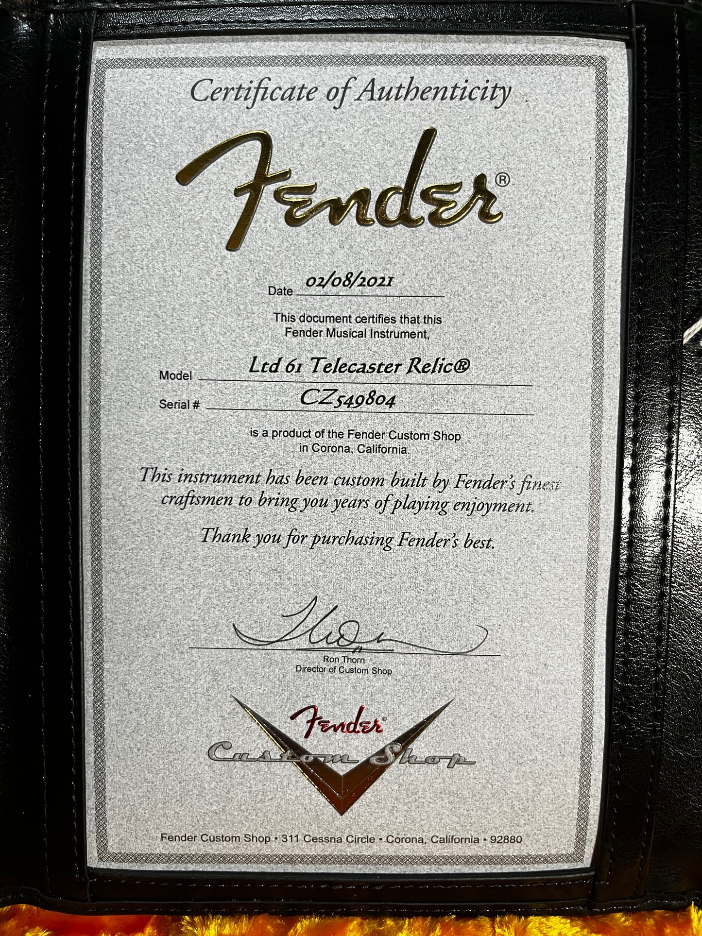 Certificate of Authenticity of Used Fender Custom Shop Ltd 61 Telecaster Relic Champagne Sparkle w/case TFW546