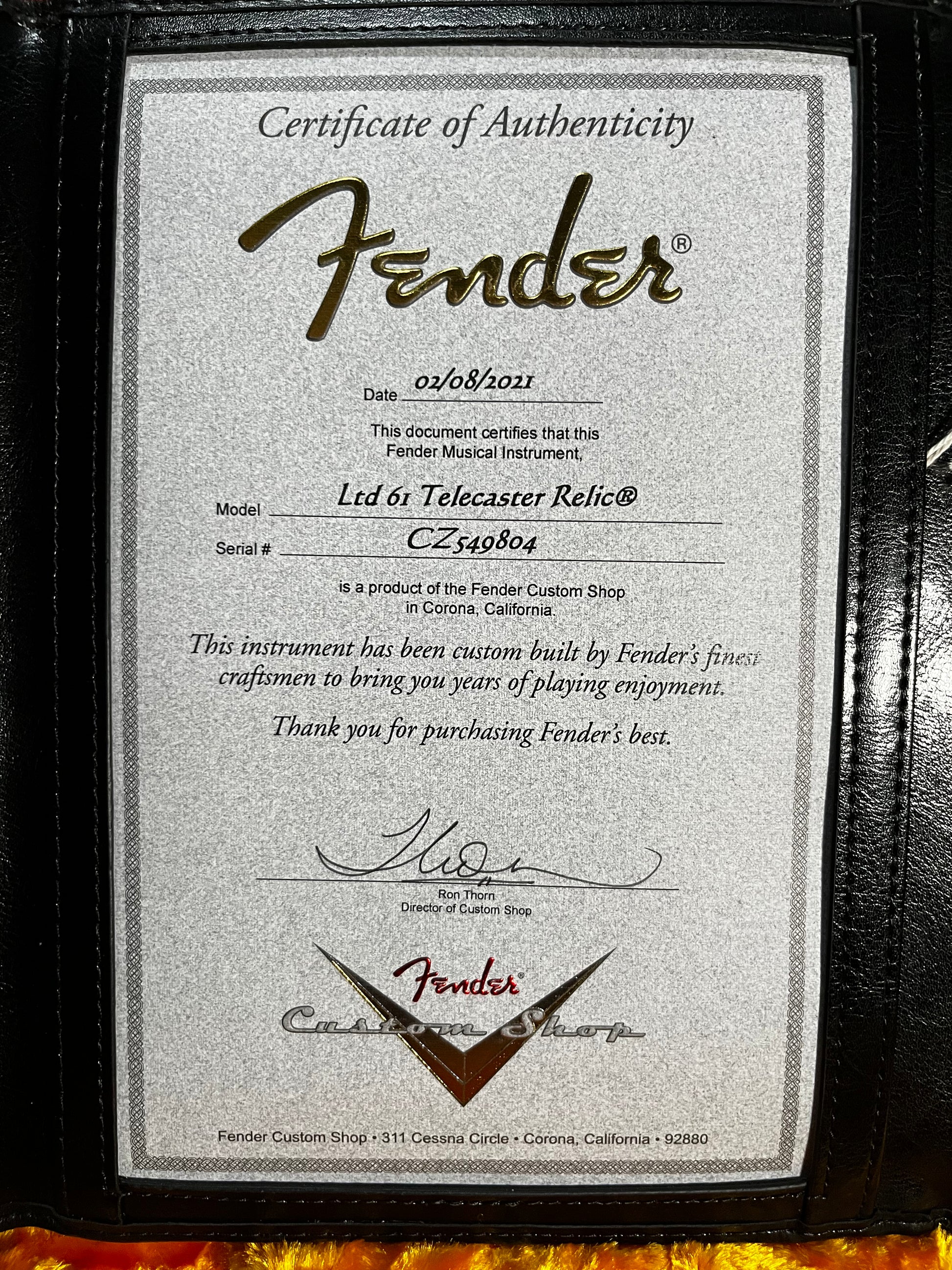 Certificate of Authenticity of Used Fender Custom Shop Ltd 61 Telecaster Relic Champagne Sparkle w/case TFW546