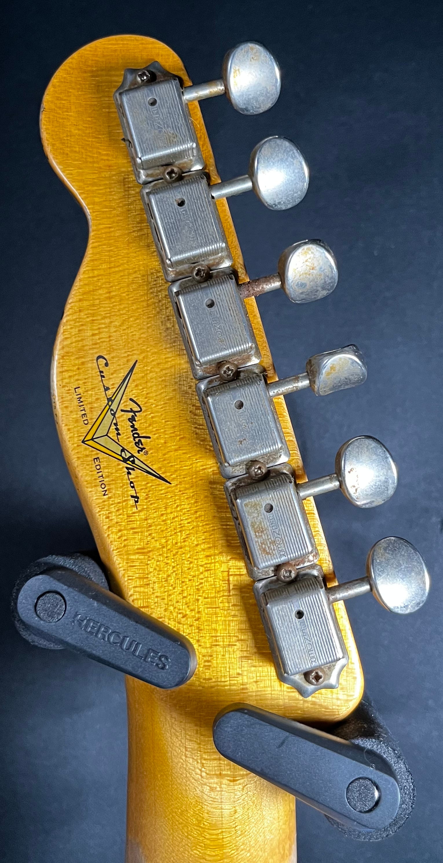 Back of headstock of Used Fender Custom Shop Ltd 61 Telecaster Relic Champagne Sparkle w/case TFW546