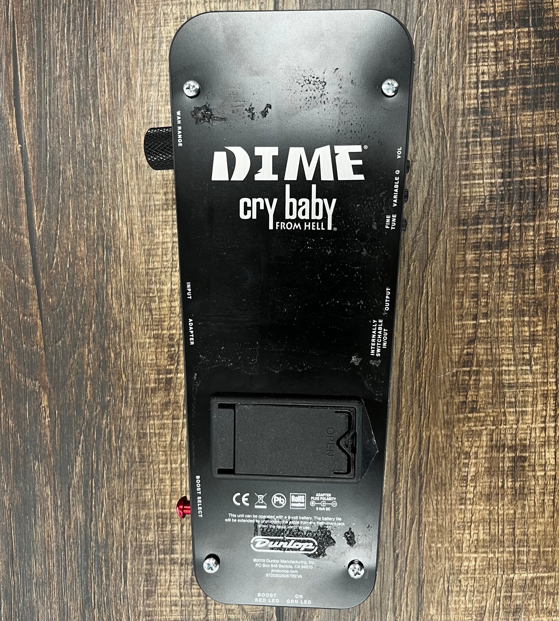 Bottom of Used Dunlop Dime Crybaby From Hell Wah Pedal TFW564