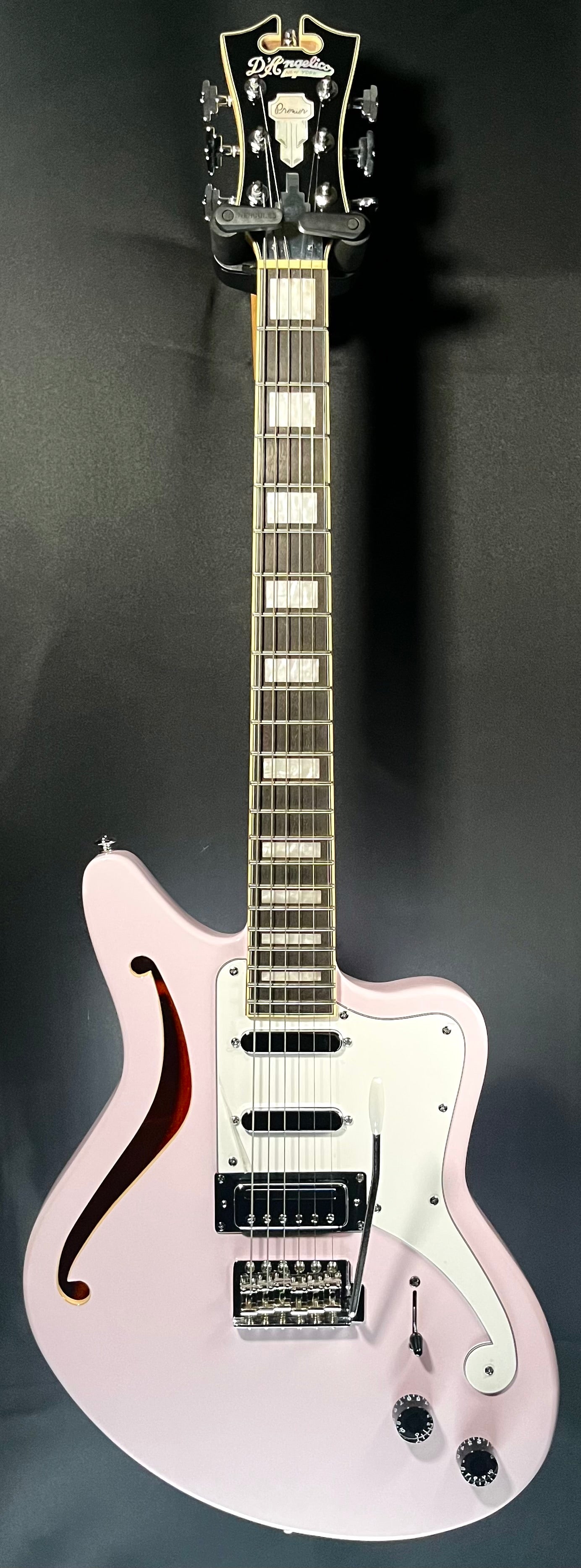 Full front of Used D'Angelico Bedford SH Pink w/Bag TFW562