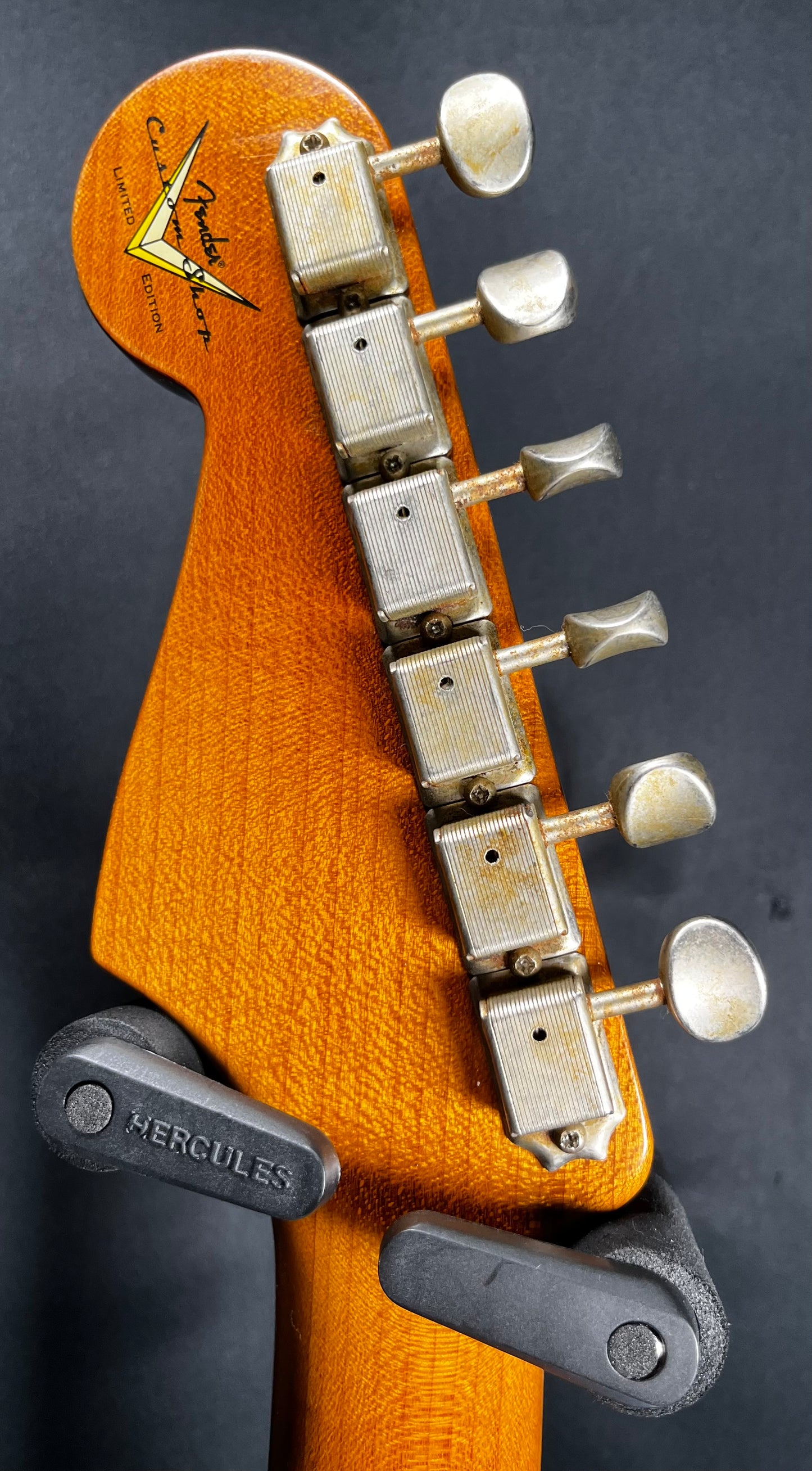 Back of headstock of Used 2021 Fender Custom Shop Stratocaster Relic Sherwood Green w/Case TFW565