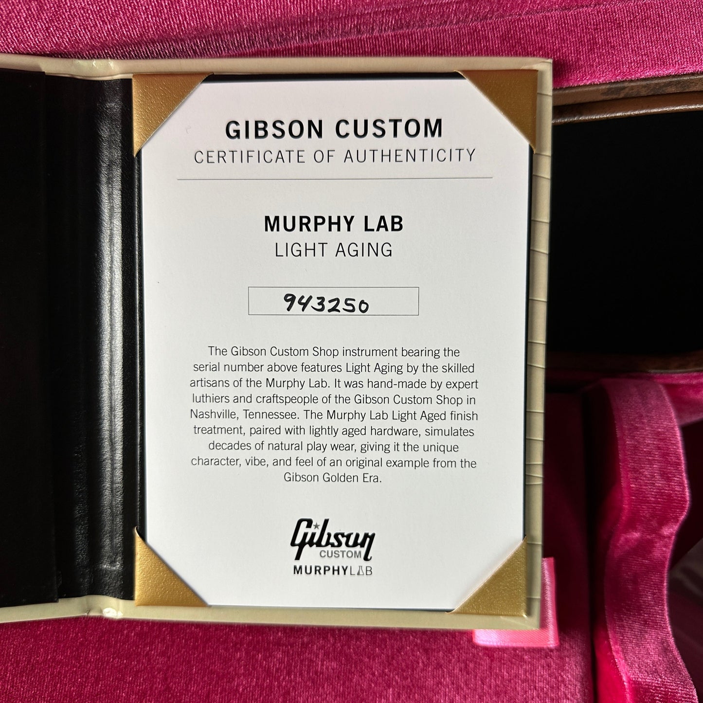 Certificate of authenticity for Gibson Custom Shop Made 2 Measure 1959 Les Paul Standard Chambered Lemon Burst Murphy Lab Light Aged 57 Classic "Double Classic White".